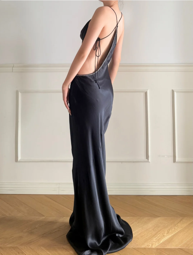 Simple Black Spaghetti Strap Cowl Neck Backless Lace-up Satin Train Prom Dress Evening Dress P4876