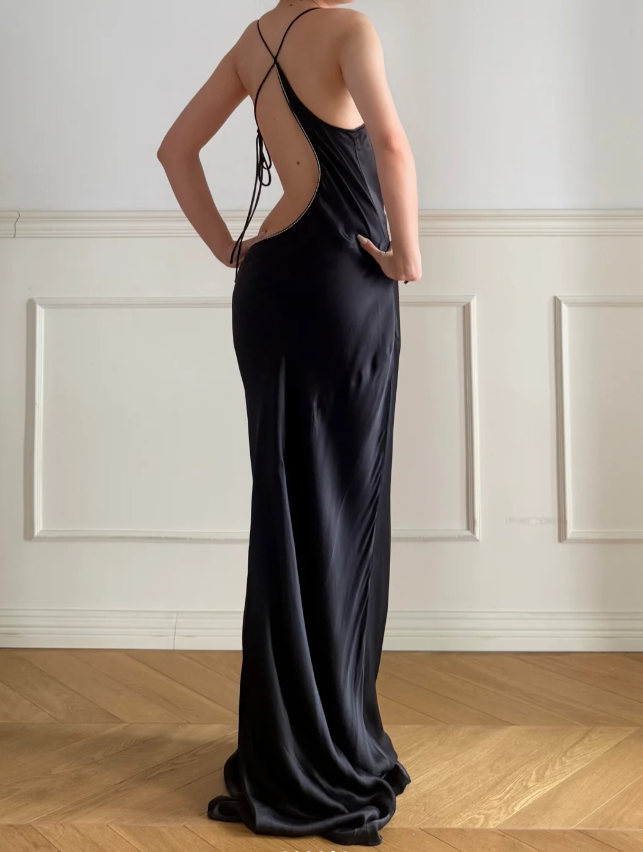 Simple Black Spaghetti Strap Cowl Neck Backless Lace-up Satin Train Prom Dress Evening Dress P4876