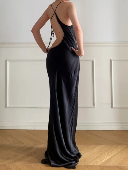 Simple Black Spaghetti Strap Cowl Neck Backless Lace-up Satin Train Prom Dress Evening Dress P4876