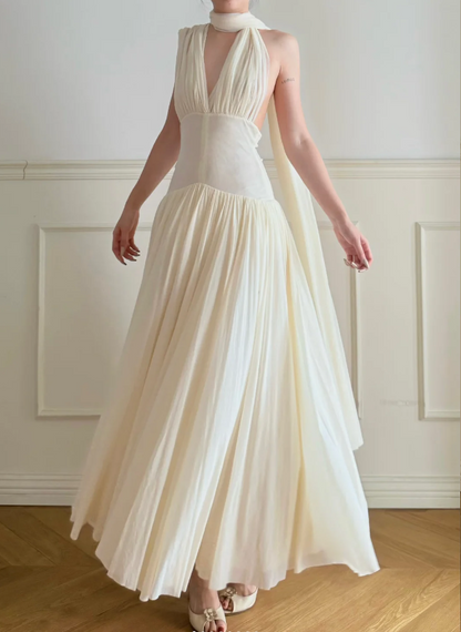Elegant Off-White Halter V-Neck Backless Pleated Chiffon A-Line Long Prom Dress Evening Dress P4877