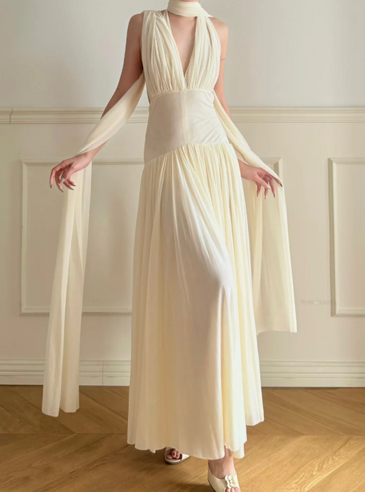 Elegant Off-White Halter V-Neck Backless Pleated Chiffon A-Line Long Prom Dress Evening Dress P4877