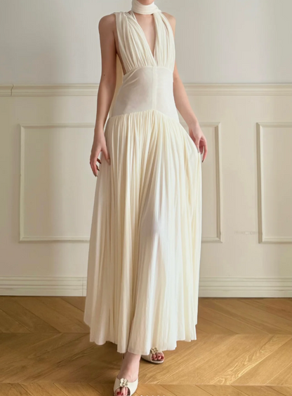 Elegant Off-White Halter V-Neck Backless Pleated Chiffon A-Line Long Prom Dress Evening Dress P4877