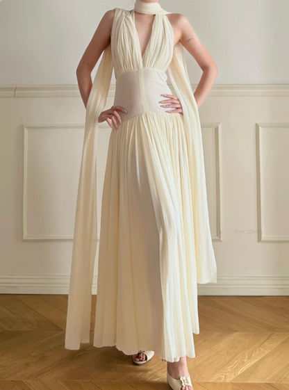 Elegant Off-White Halter V-Neck Backless Pleated Chiffon A-Line Long Prom Dress Evening Dress P4877