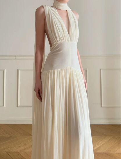 Elegant Off-White Halter V-Neck Backless Pleated Chiffon A-Line Long Prom Dress Evening Dress P4877