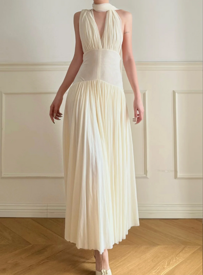Elegant Off-White Halter V-Neck Backless Pleated Chiffon A-Line Long Prom Dress Evening Dress P4877