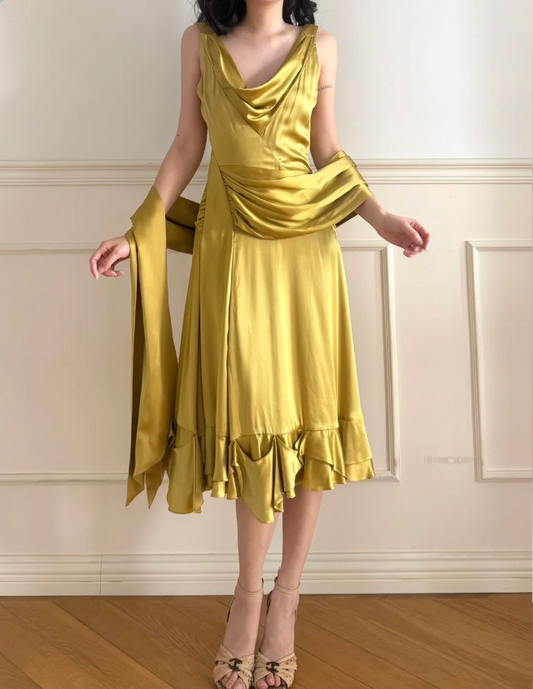 Vintage Mustard Yellow Cowl Neck Ruched Satin Prom Dress Evening Dress P4878