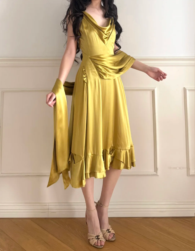 Vintage Mustard Yellow Cowl Neck Ruched Satin Prom Dress Evening Dress P4878