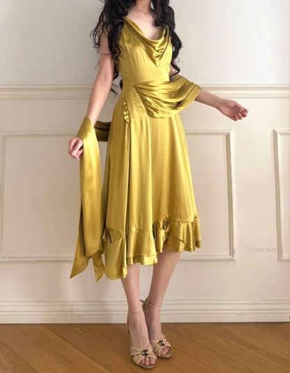 Vintage Mustard Yellow Cowl Neck Ruched Satin Prom Dress Evening Dress P4878