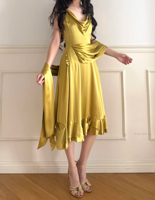 Vintage Mustard Yellow Cowl Neck Ruched Satin Prom Dress Evening Dress P4878