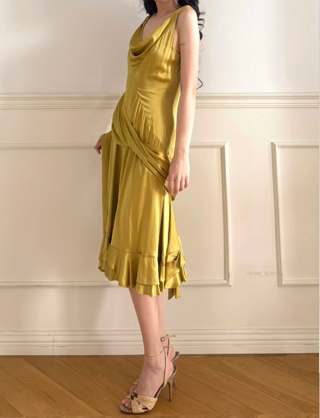 Vintage Mustard Yellow Cowl Neck Ruched Satin Prom Dress Evening Dress P4878