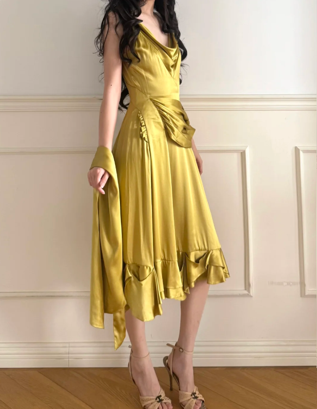 Vintage Mustard Yellow Cowl Neck Ruched Satin Prom Dress Evening Dress P4878