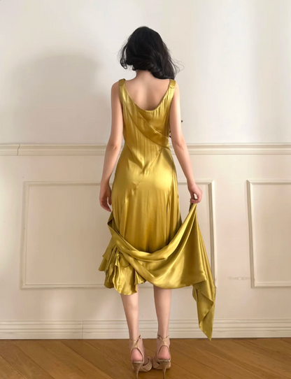 Vintage Mustard Yellow Cowl Neck Ruched Satin Prom Dress Evening Dress P4878