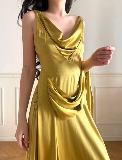 Vintage Mustard Yellow Cowl Neck Ruched Satin Prom Dress Evening Dress P4878