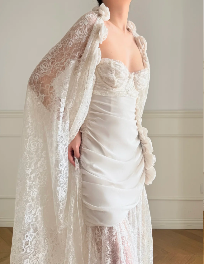 Vintage White 3D Rose Backless Lace Long Wedding Dress P4879