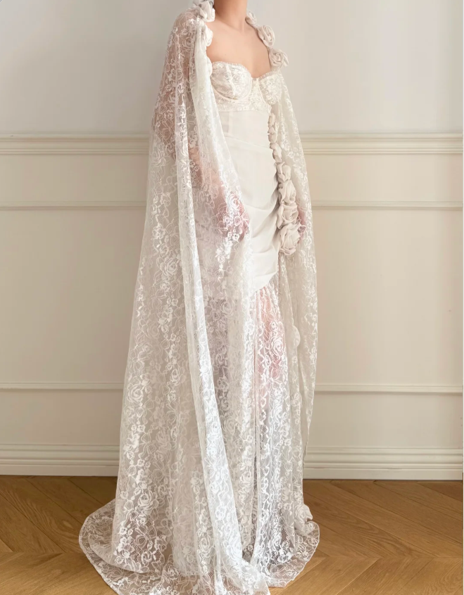 Vintage White 3D Rose Backless Lace Long Wedding Dress P4879