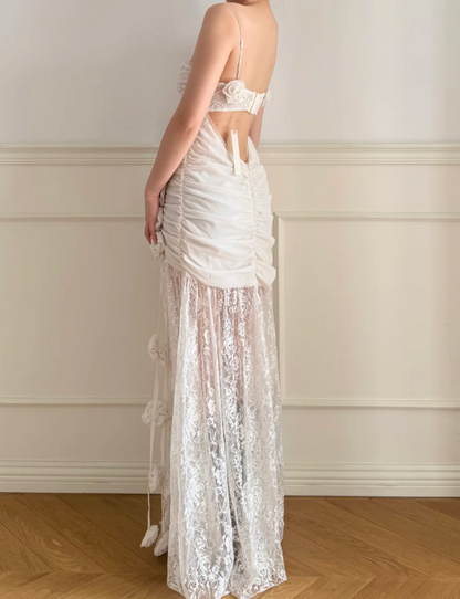 Vintage White 3D Rose Backless Lace Long Wedding Dress P4879