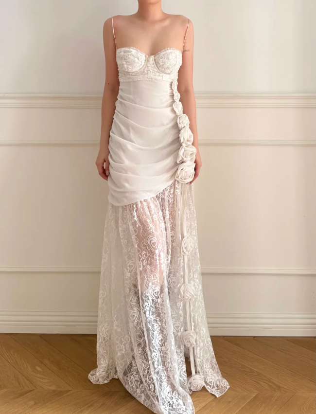 Vintage White 3D Rose Backless Lace Long Wedding Dress P4879