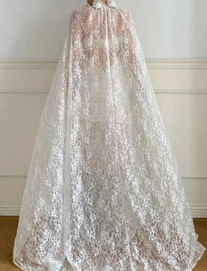 Vintage White 3D Rose Backless Lace Long Wedding Dress P4879