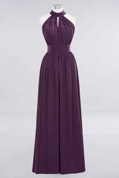 Grape A-line Halter Bow Tie Back Chiffon Long Bridesmaid Dress