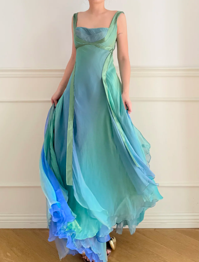 Dreamy Cyan Blue Gradient Square Neck Backless A-Line Chiffon Long Prom Dress Evening Dress P4880