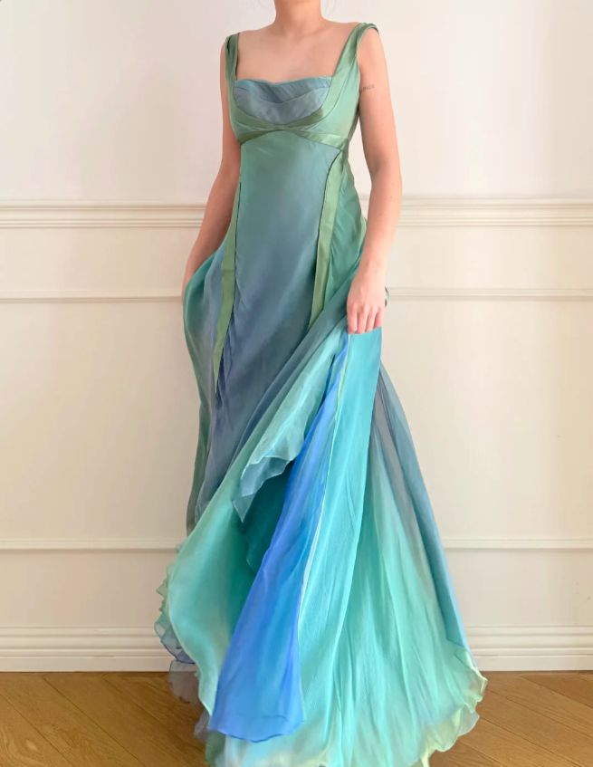 Dreamy Cyan Blue Gradient Square Neck Backless A-Line Chiffon Long Prom Dress Evening Dress P4880
