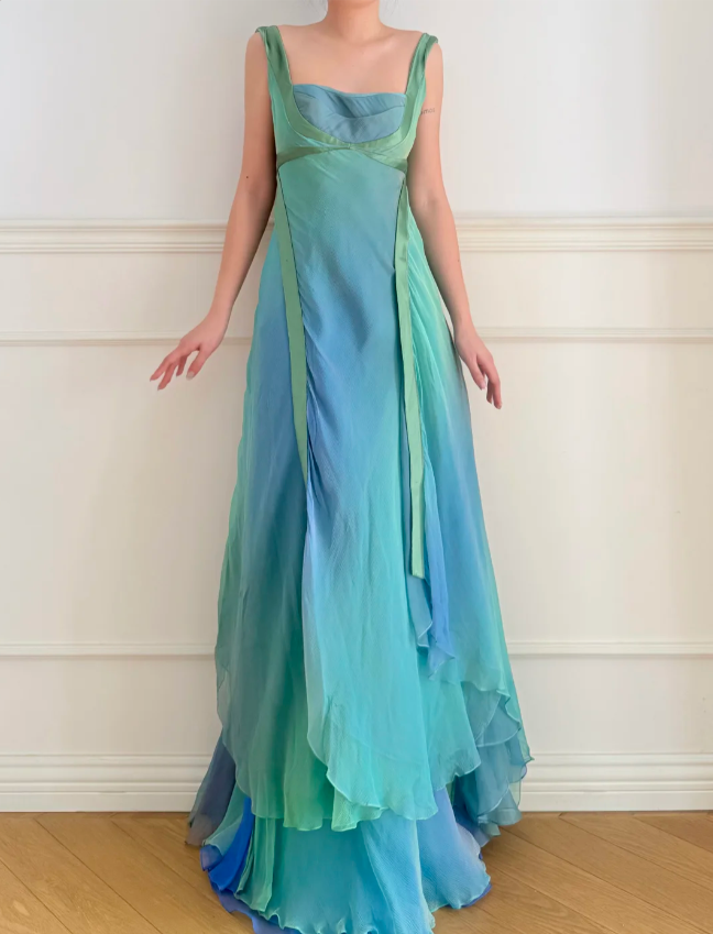 Dreamy Cyan Blue Gradient Square Neck Backless A-Line Chiffon Long Prom Dress Evening Dress P4880