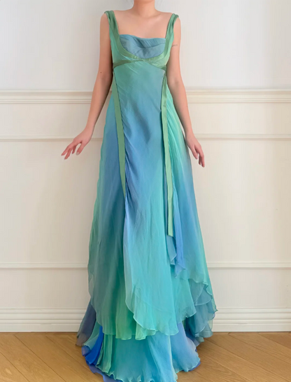 Dreamy Cyan Blue Gradient Square Neck Backless A-Line Chiffon Long Prom Dress Evening Dress P4880