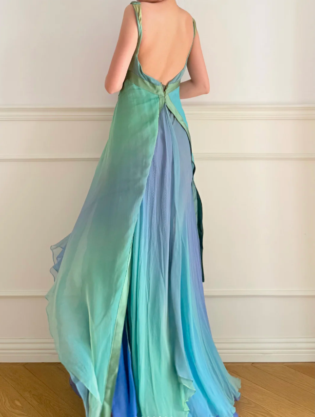 Dreamy Cyan Blue Gradient Square Neck Backless A-Line Chiffon Long Prom Dress Evening Dress P4880