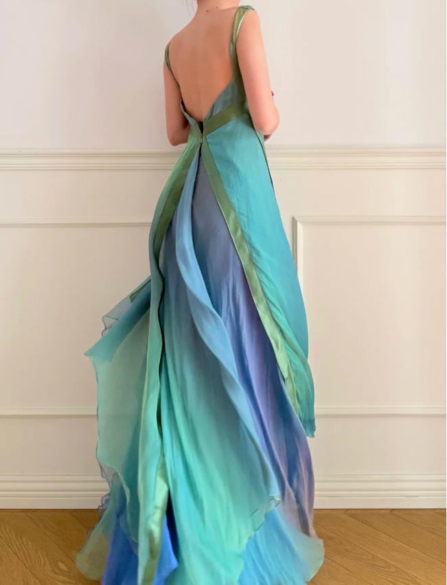 Dreamy Cyan Blue Gradient Square Neck Backless A-Line Chiffon Long Prom Dress Evening Dress P4880