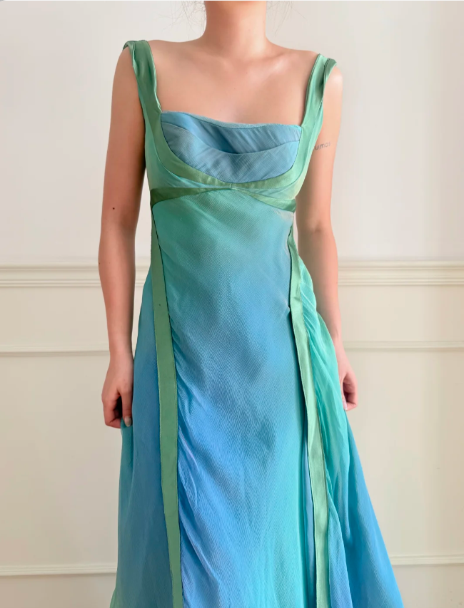 Dreamy Cyan Blue Gradient Square Neck Backless A-Line Chiffon Long Prom Dress Evening Dress P4880