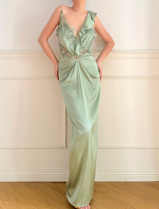 Elegant Green V-Neck Mermaid Ruffle Cutout Lace Satin Long Prom Dress Evening Dress P4881