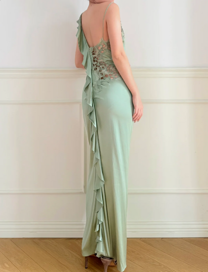 Elegant Green V-Neck Mermaid Ruffle Cutout Lace Satin Long Prom Dress Evening Dress P4881
