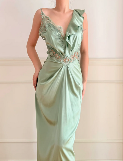 Elegant Green V-Neck Mermaid Ruffle Cutout Lace Satin Long Prom Dress Evening Dress P4881