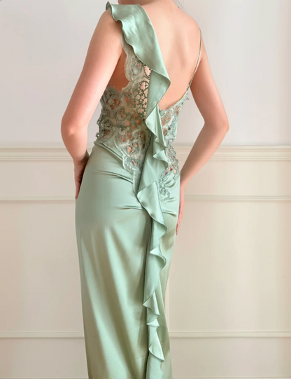 Elegant Green V-Neck Mermaid Ruffle Cutout Lace Satin Long Prom Dress Evening Dress P4881