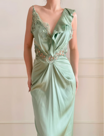 Elegant Green V-Neck Mermaid Ruffle Cutout Lace Satin Long Prom Dress Evening Dress P4881
