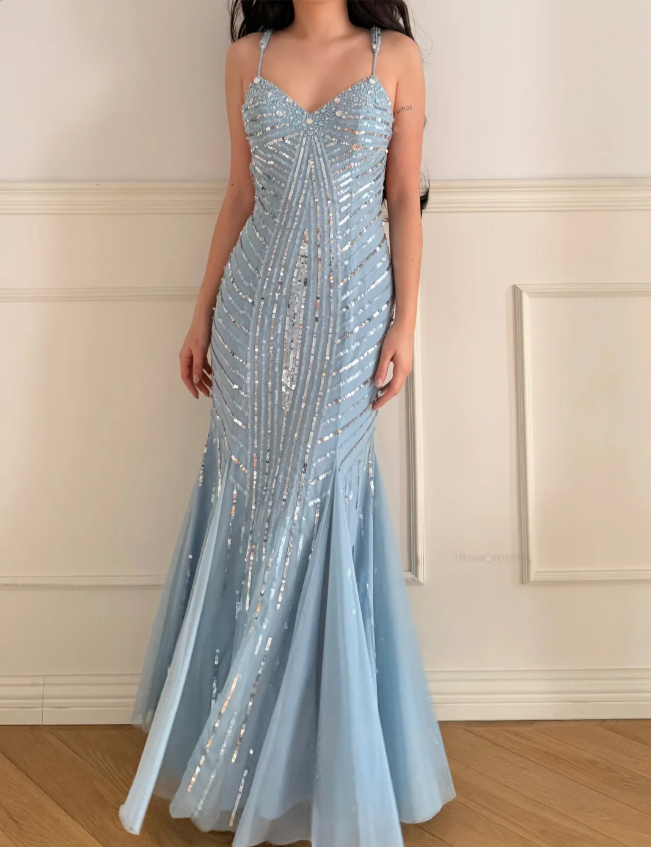 Gorgeous Ice Blue Spaghetti Strap V-Neck Mermaid Backless Sequin Tulle Long Prom Dress Evening Dress P4882