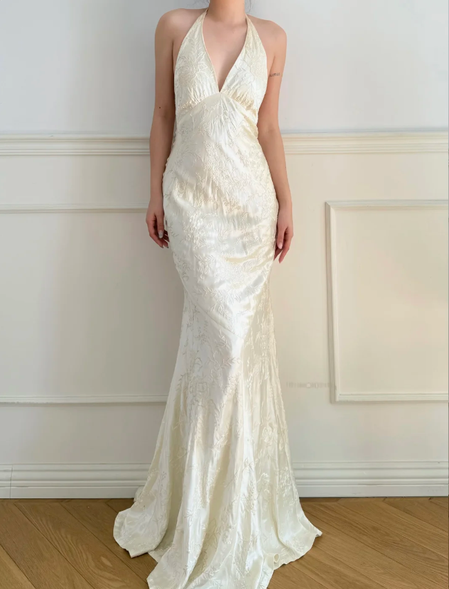Vintage Ivory Halter V-Neck Mermaid Jacquard Satin Long Prom Dress Evening Dress P4883
