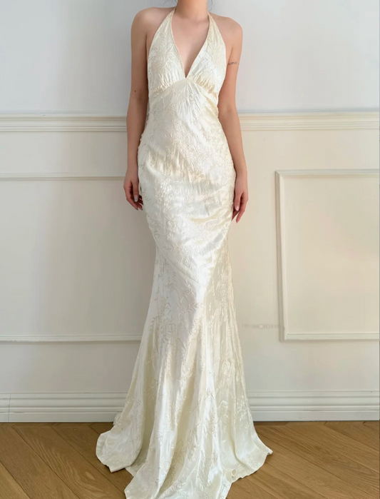 Vintage Ivory Halter V-Neck Mermaid Jacquard Satin Long Prom Dress Evening Dress P4883