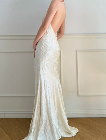 Vintage Ivory Halter V-Neck Mermaid Jacquard Satin Long Prom Dress Evening Dress P4883