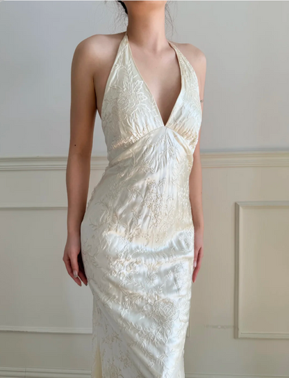 Vintage Ivory Halter V-Neck Mermaid Jacquard Satin Long Prom Dress Evening Dress P4883