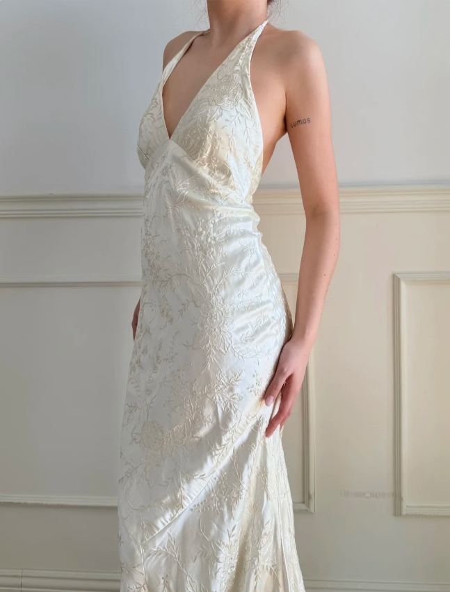 Vintage Ivory Halter V-Neck Mermaid Jacquard Satin Long Prom Dress Evening Dress P4883