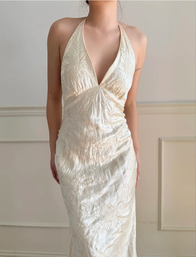 Vintage Ivory Halter V-Neck Mermaid Jacquard Satin Long Prom Dress Evening Dress P4883