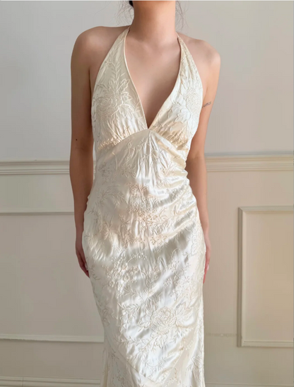 Vintage Ivory Halter V-Neck Mermaid Jacquard Satin Long Prom Dress Evening Dress P4883