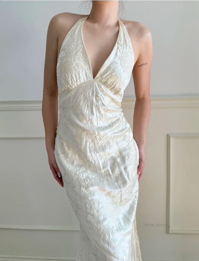 Vintage Ivory Halter V-Neck Mermaid Jacquard Satin Long Prom Dress Evening Dress P4883