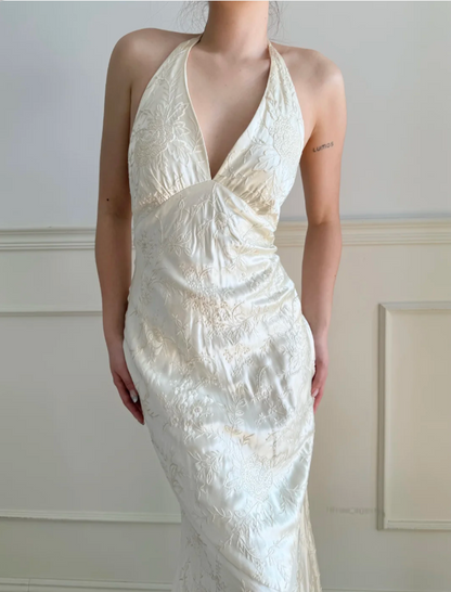 Vintage Ivory Halter V-Neck Mermaid Jacquard Satin Long Prom Dress Evening Dress P4883
