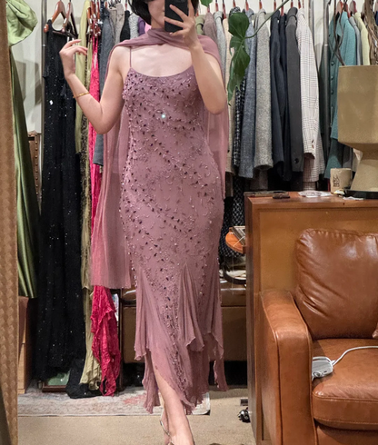 Vintage Dusty Pink U-Neck Beaded Sequin Mermaid Chiffon Prom Dress Evening Dress P4884