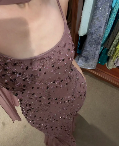 Vintage Dusty Pink U-Neck Beaded Sequin Mermaid Chiffon Prom Dress Evening Dress P4884