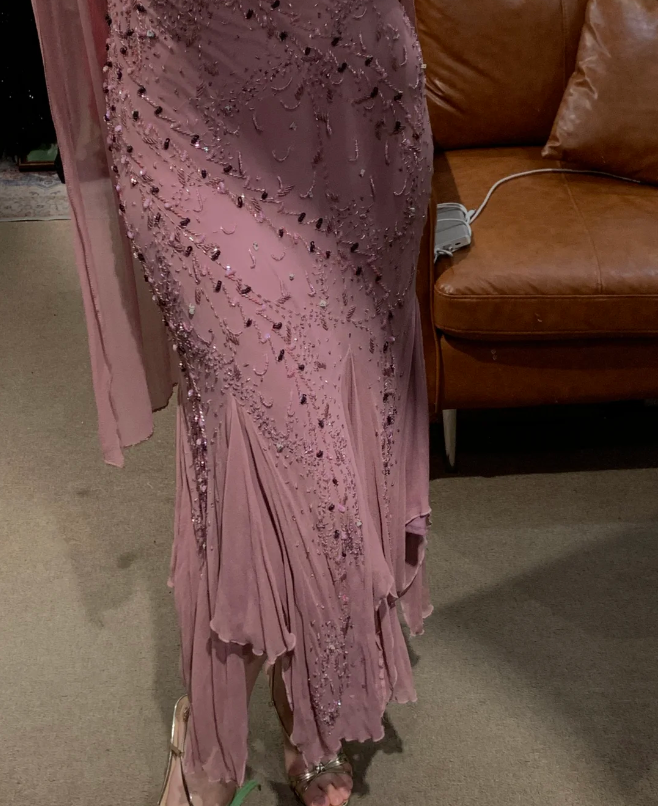 Vintage Dusty Pink U-Neck Beaded Sequin Mermaid Chiffon Prom Dress Evening Dress P4884
