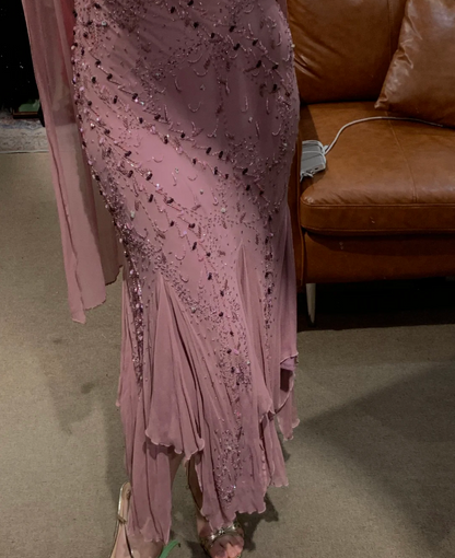 Vintage Dusty Pink U-Neck Beaded Sequin Mermaid Chiffon Prom Dress Evening Dress P4884