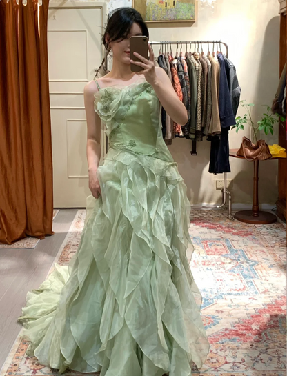 Fresh Mint Green Spaghetti Strap 3D Rose Applique Layered Ruffle Train Organza Prom Dress Evening Dress P4885